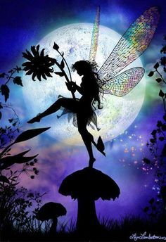 the silhouette of a fairy sitting on top of a mushroom with flowers in her hand