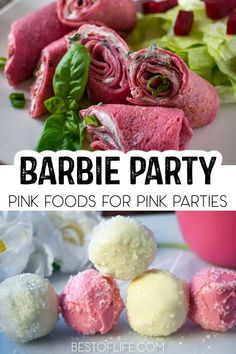 pink and white desserts with text overlay that reads barbie party pink foods for pink parties