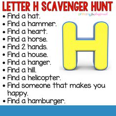 the letter h is for scavenger hunt with an image of a handwritten letter