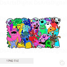 a large group of cartoon monsters with different colors and sizes, all grouped together in the same