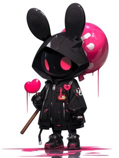 a cartoon character holding a heart shaped balloon and wearing a black jacket with pink eyes