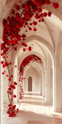 an archway with red flowers on it and white marble flooring in the background,