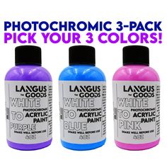 three bottles of white to blue acrylic paint with the words,'photochromc 3 - pack pick your 3 colors '