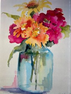 a painting of flowers in a glass vase