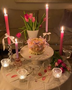 Candlelit Valentine’s Day Table with pink tulips, ribbons and love letters 21st Birthday Table Decorations, Cute Pink Cake, Valentine's Day Aesthetic, Galentine's Party, 22nd Birthday Cakes, Bolo Vintage, 20th Bday, Cake Cute