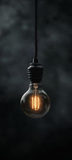 an old fashioned light bulb hanging from a black cord with the light turned on and glowing