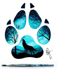 a dog's paw is painted with watercolors and has a wolf on it