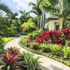 a garden with lots of plants and trees around it in front of a house on a sunny day