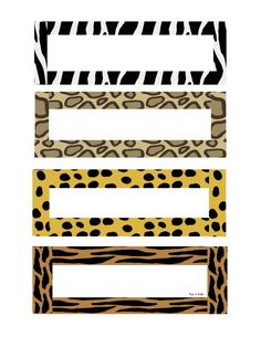 four different animal print name tags with zebra stripes and leopard spots on the bottom one