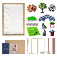 an assortment of crafting supplies displayed on a white background