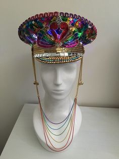 Love Khaos Hats www.LoveKhaos.com #rainbowheaddress #rainbow #burningman… Light Up Hats, Lights Festival, Colorful Statement Necklace, Crazy Hats