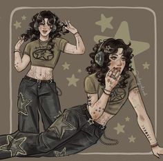 a drawing of two women with tattoos on their arms and legs, one is talking on the phone