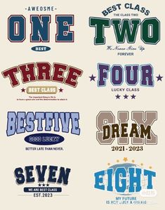 four different types of lettering and numbers