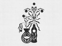 a black and white drawing of two vases with flowers in them