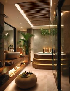 a bathroom with a large jacuzzi tub next to a walk in shower