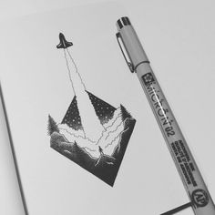 a drawing of a kite flying through the sky with mountains and trees on it next to a ballpoint pen