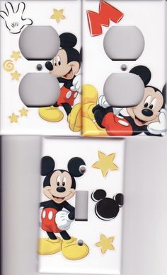 two mickey mouse light switch plates are shown with the same design on each outlet cover