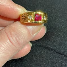 Stunning Brand New, Never Removed From Box Till Today To Photograph/ Mens Ruby And Diamond Gold Ring/Pinky Ring This Ring Is Well Done And Believable Faux Stones.Avon Rings Generally Don’t Tarnish. Gold Plated. No Water/Chemicals Etc Pinky Ring Mens Vintage, Vintage Male Wedding Rings, Mens Pinky Ring Vintage, Men’s Ruby Ring, Mens Fine Jewelry, Men’s Gold Rings, Stone Rings For Men Gold, Gold Jewelry Men, Mens Garnet Ring