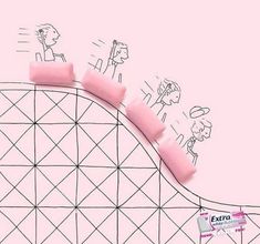 the roller coaster has pink foam on it's sides and cartoon figures above it