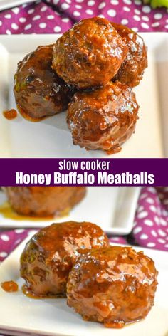 three different views of meatballs with sauce on them