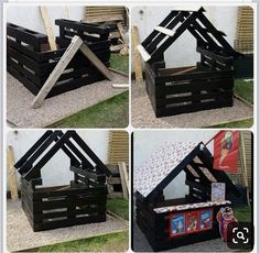 four different pictures of a dog house made out of pallets