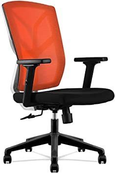 an orange office chair with black base and arms, viewed from the front on a white background