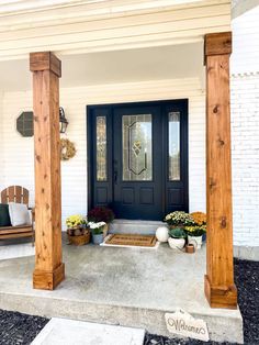 DIY Porch Columns Stain Color - Full Hearted Home Stained Wood Railing Front Porches, Wood Covered Porch Post, Outside Wood Columns, Wood Pillars Front Porch Farmhouse, Porch Railing Stain Colors, Cedar Shake Gable Accent, Remodeling Front Porch, Box In Porch Columns, Black Accents Exterior House