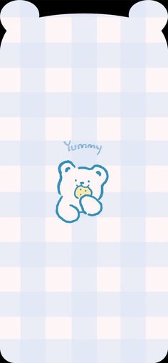 a blue teddy bear with the word yummy on it