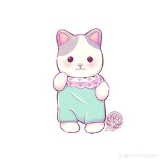 a white cat with pink ears and blue shorts sitting on top of it's stomach