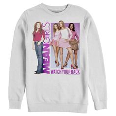 Celebrate your love for the iconic and quotable film Mean Girls from 2004 with fun, officially licensed apparel for the whole family that is "so fetch"! This Men's Mean Girls Watch Your Back Movie Poster Graphic Crewneck Sweatshirt features the classic movie poster with Cady Heron, Karen Smith, Regina George, and Gretchen Wieners, along with the movie logo and the phrase: "Watch Your Back" printed across the front in a purple font. Mean Girls Movie Poster, Gretchen Wieners, Cady Heron, Mean Girls Movie, Girls Watch, Watch Your Back, Girl Movies, Small Clothes, Large Clothes