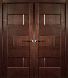 two brown wooden doors with metal handles on each side and glass panels at the top