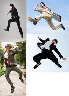 four photos of men jumping in the air with their suits and ties pulled up to them