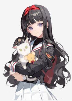 Safebooru - 1girl absurdres backpack bag bangs black hair black shirt blunt bangs bow bowtie cardcaptor sakura cat chyoel cowboy shot cub daidouji tomoyo hairband highres kero lion cub long hair looking at viewer red bow red bowtie sailor collar school uniform serafuku shirt simple background tomoeda elementary school uniform violet eyes white background white sailor collar | 3784719 Virtual Girl, Cardcaptor Sakura, 영감을 주는 캐릭터, Anime Poses, An Anime, Girl Drawing, Cute Anime Character, Character Design Inspiration, Anime Style