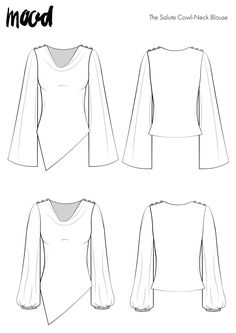 the front and back views of a top sewing pattern, with three different sleeves on each side