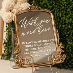 Wish You Were Here Wedding Sign is the perfect touch to your wedding memory table. In addition to our other In Loving Memory wedding signs, we also have this tasteful mirror that displays a sentimental message to your loved ones who have passed. You can continue to acknowledge and honor the legacy that your loved ones left on you and remember them on your wedding day. How to order your Reserved Sign for Wedding: Answer the questions in the personalization box. This includes selecting your fonts, Memorial Sign For Wedding Chair, Wedding Memory Table, Memorial Messages, In Loving Memory Wedding, Memorial Table, Memory Table Wedding, Diy Table Numbers, Wedding Memorial Sign, Wedding Memory