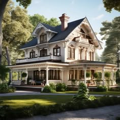 an artist's rendering of a victorian house in the middle of a wooded area