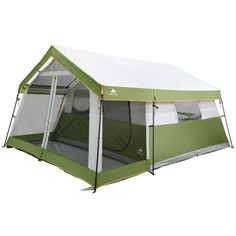 two tents side by side with one tent open and the other closed, both in green and white