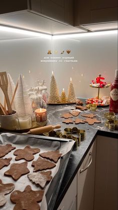 gingerbreads and cookies on a counter in a kitchen