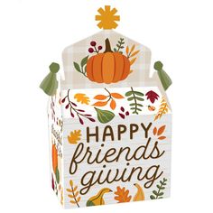 a card box with the words happy friends giving written on it and an image of a pumpkin