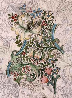 an intricately designed wallpaper with flowers and vines on it's side,