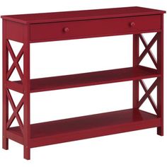 a red wooden shelf with two drawers and one drawer on the bottom, against a white background