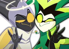 two cartoon characters one is green and the other is black with yellow highlights on his face