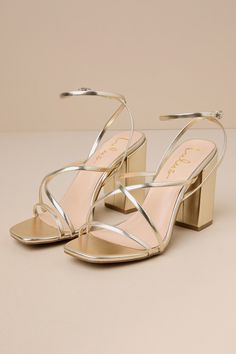 Gold Strappy Sandals - Block Heel Sandals - Square Toe Sandals - Lulus Clear And Gold Heels, Gold Heels Homecoming, Gold Homecoming Shoes, Two Inch Heels, Gold Thick Heels, Gold Heels Short, Wedding Heels Gold, Gold Low Heels