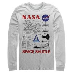 Launch your dreams with an out-of-this-world NASA Space Shuttle Schematic Details Men's Long Sleeve! You'll be the brightest star around with this epic National Aeronautics and Space Administration style. Color: White.  Gender: male.  Age Group: adult. Nasa Punk, Nasa Merch, Nasa Tshirt, Nasa Spaceship, Nasa Clothes, Hold Space, Nasa Shirt, Graphic Long Sleeve Shirts, Nasa Space Shuttle