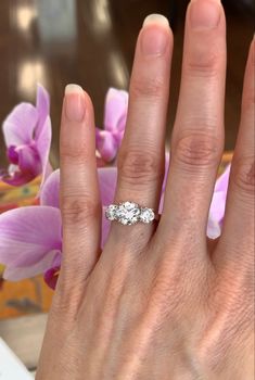 a woman's hand with a three stone ring on her finger and purple flowers in the background