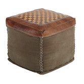 a brown and tan square ottoman with leather trim