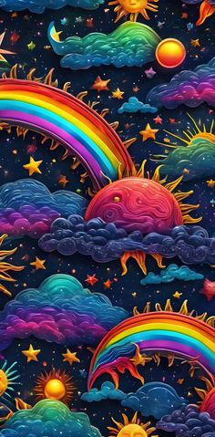 the sun, stars and rainbows are all over the sky in this colorful painting