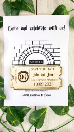 save the date magnet with a brick wall and trellis on it, surrounded by greenery