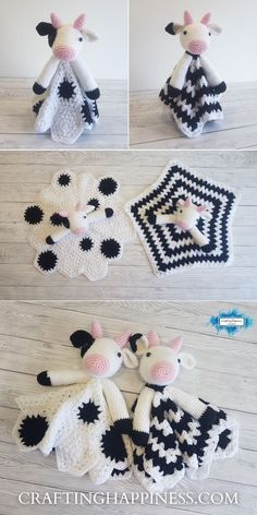 crocheted cow rugs with black and white patterns are shown in three different positions