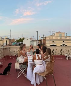 a group of women sitting at a table on top of a roof with a dog